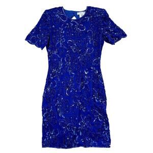 VTG ADRIANNA PAPELL DRESS 14 SILK BEADED BLUE FLORAL SEQUIN COCKTAIL RETRO SZ 6